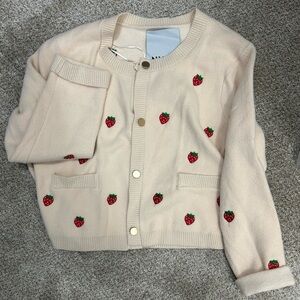 NVLT Cream Cardigan with Red Strawberry Embroidery